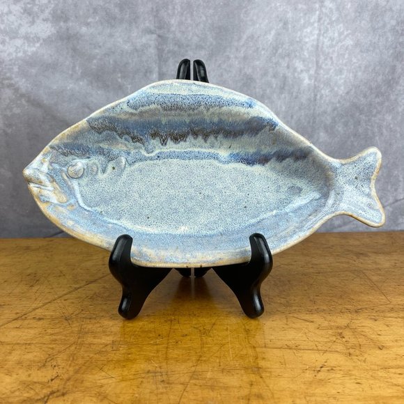 Dining Art Pottery Fish Platter Blue Drip Glaze Artist Signed Poshmark